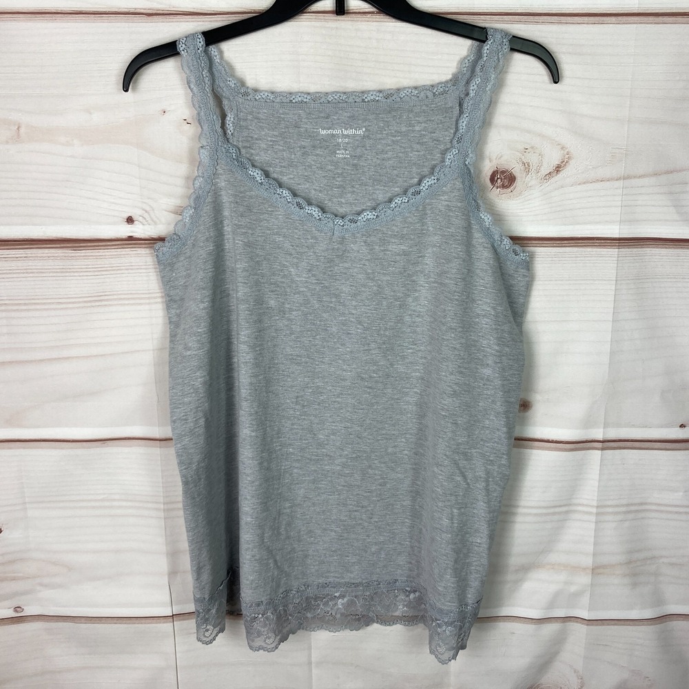 Woman Within Top Women 18W 20W Gray Lace Trim Cami Tank V-Neck Sleeveless Tunic